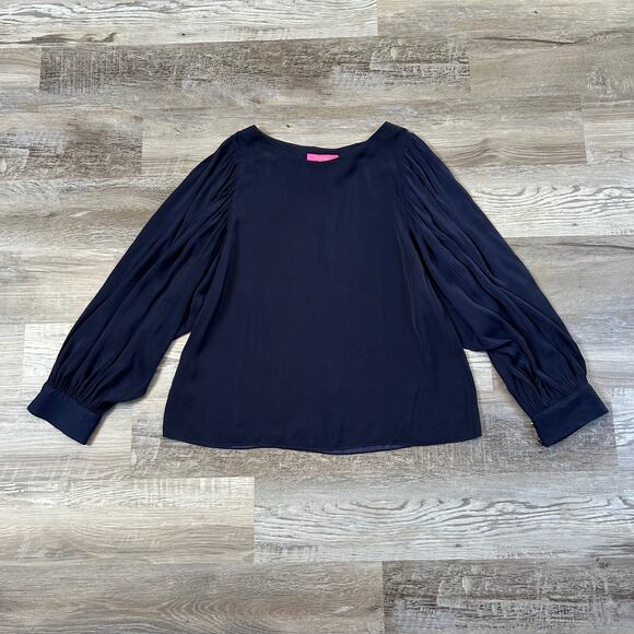 Lilly Pulitzer Navy Blouse Pleated Balloon Sleeve Gold Button Cuffs XL - Picture 1 of 7